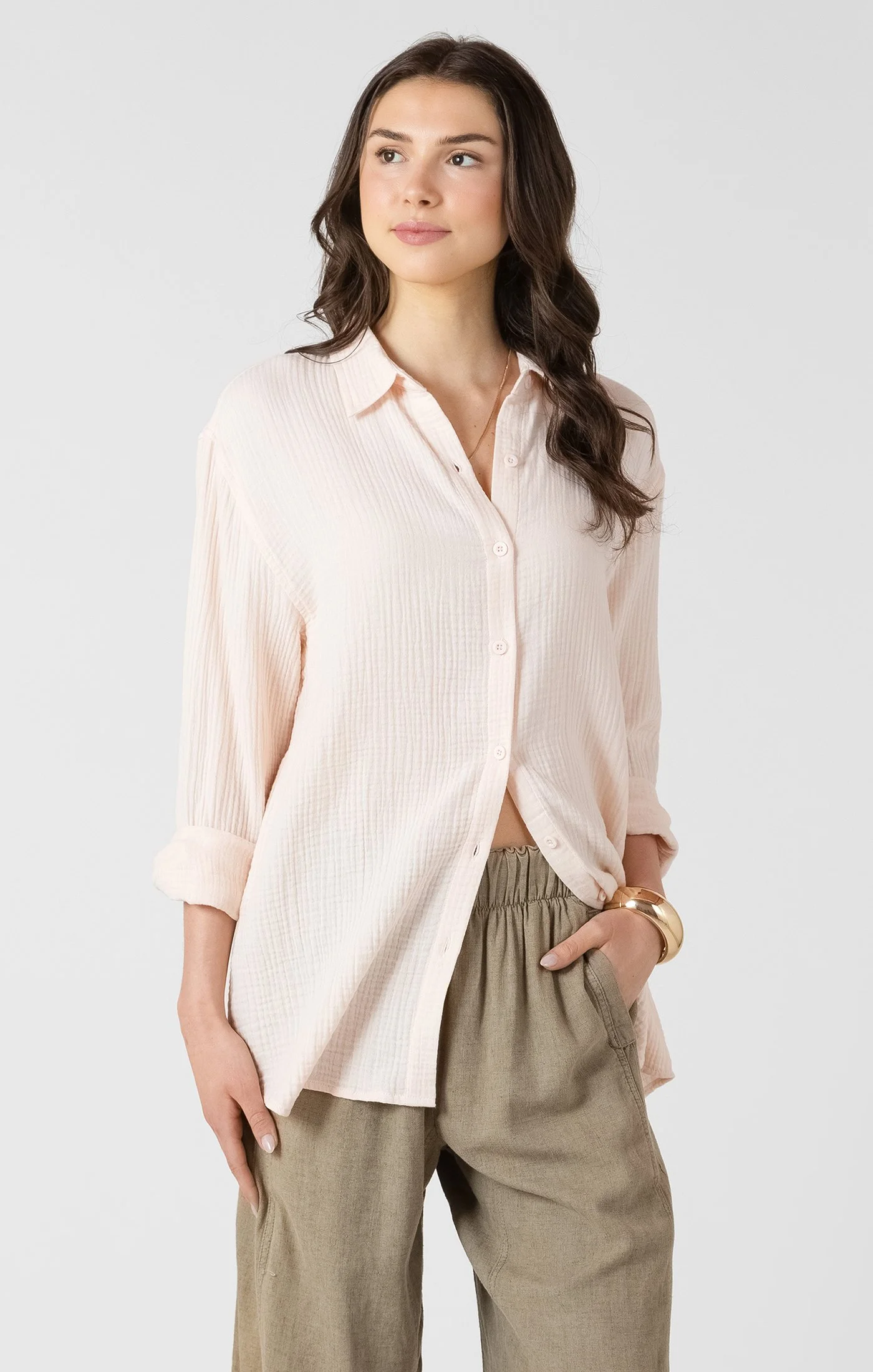 Dex Powder Pink Gauze Button Down Top