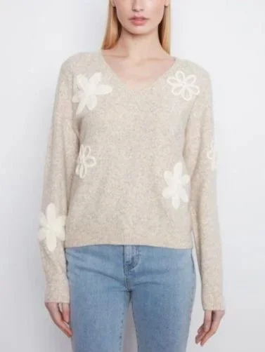 Charlie B Long Sleeve V-Neck Sweater with Flower Appliques in Almond