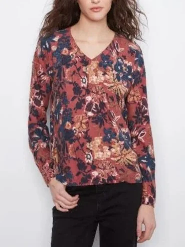 Chalie B Long Sleeve Drop SHoulder V-Neck Reversible Printed Sweater in Passion