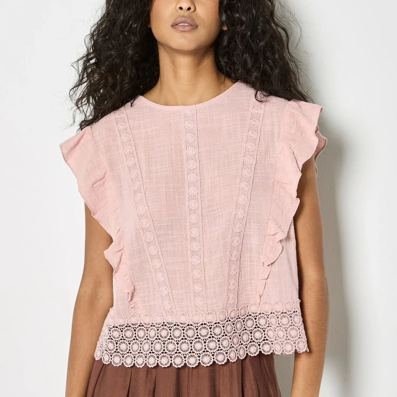Apricot Pink Lace Trim Frill Edge Top