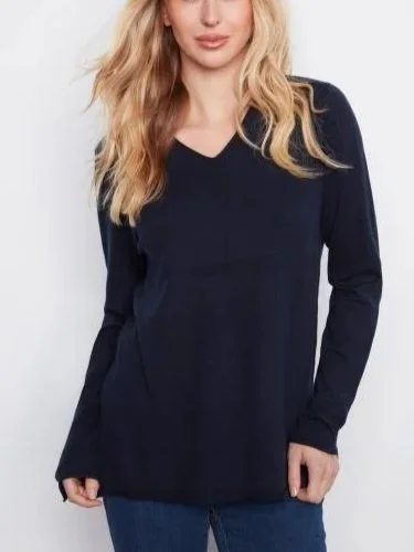 Charlie B Long Sleeve V-Neck Sweater in Navy