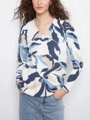 Charlie B Long Sleeve Drop Shoulder Printed V-Neck Sweater in Azurine