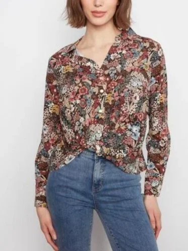 Charlie B Printed Long Sleeve Shirt with Twist Front in Azalea