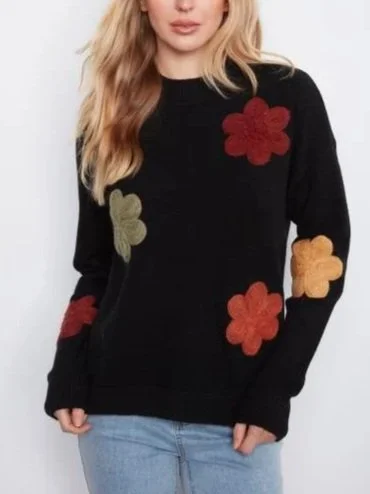 Charlie B Long Sleeve Drop Shoulder Flower Applique Sweater in Black