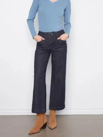 Charlie B Cropped Wide Leg Stretch Denim Pants with Patch Pockets in Deep Blue
