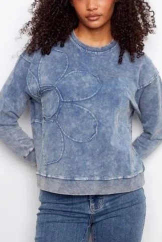 Charlie B Denim Blue Long Sleeve Top with Flower Applique 