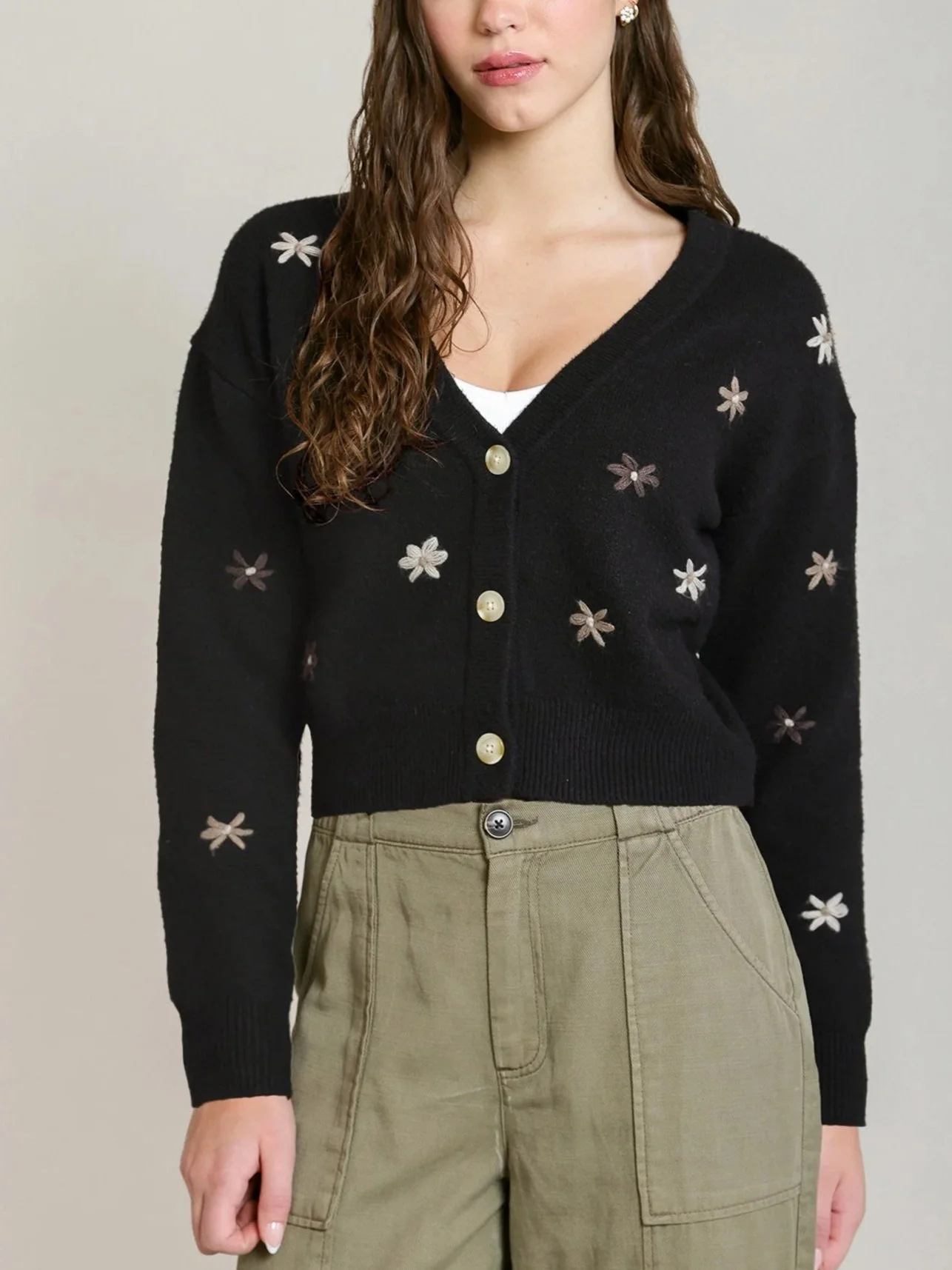 Dex Embroidered Flower Cardigan in Black