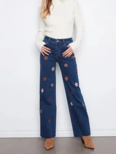 Charlie B Wide Leg Stretch Denim Pants with Suede Flower Patches in Indigo