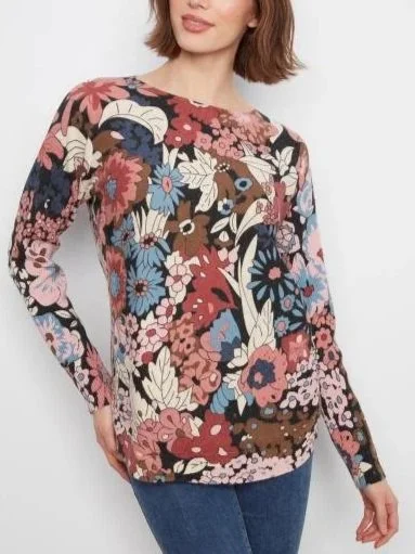 Charlie B Long Sleeve Drop Shoulder Printed Boat Neck ROunded Hem Sweater with Pockets in Azalea