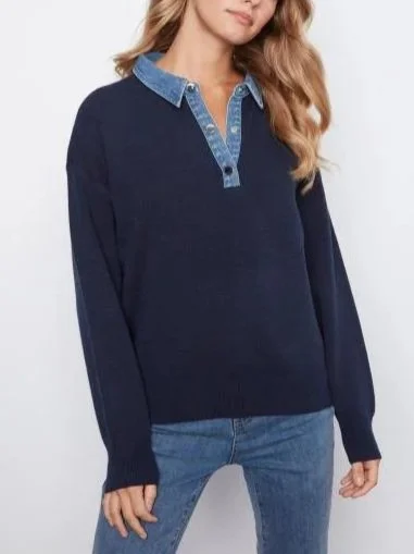 Charlie B Long Sleeve Drop Shoulder Polo Sweater with Denim Collar and Placket in Navy