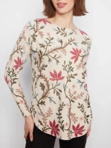 Charlie B Long Sleeve Drop Shoulder Printed Boat Neck ROunded Hem Sweater with Pockets in Floral