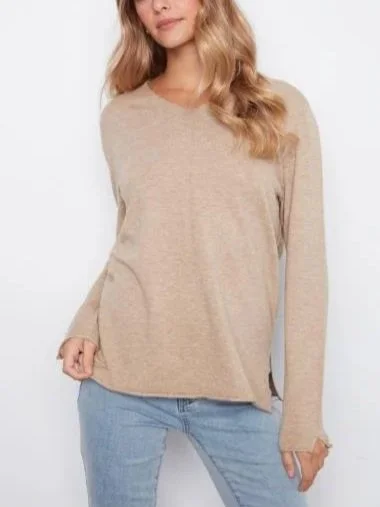 Charlie B Long Sleeve V-Neck Sweater in Walnut