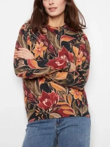 Charlie B Long Sleeve Drop Sholder Crew Neck Printed Sweater with Zipper Sleeve Cuffs in Raven