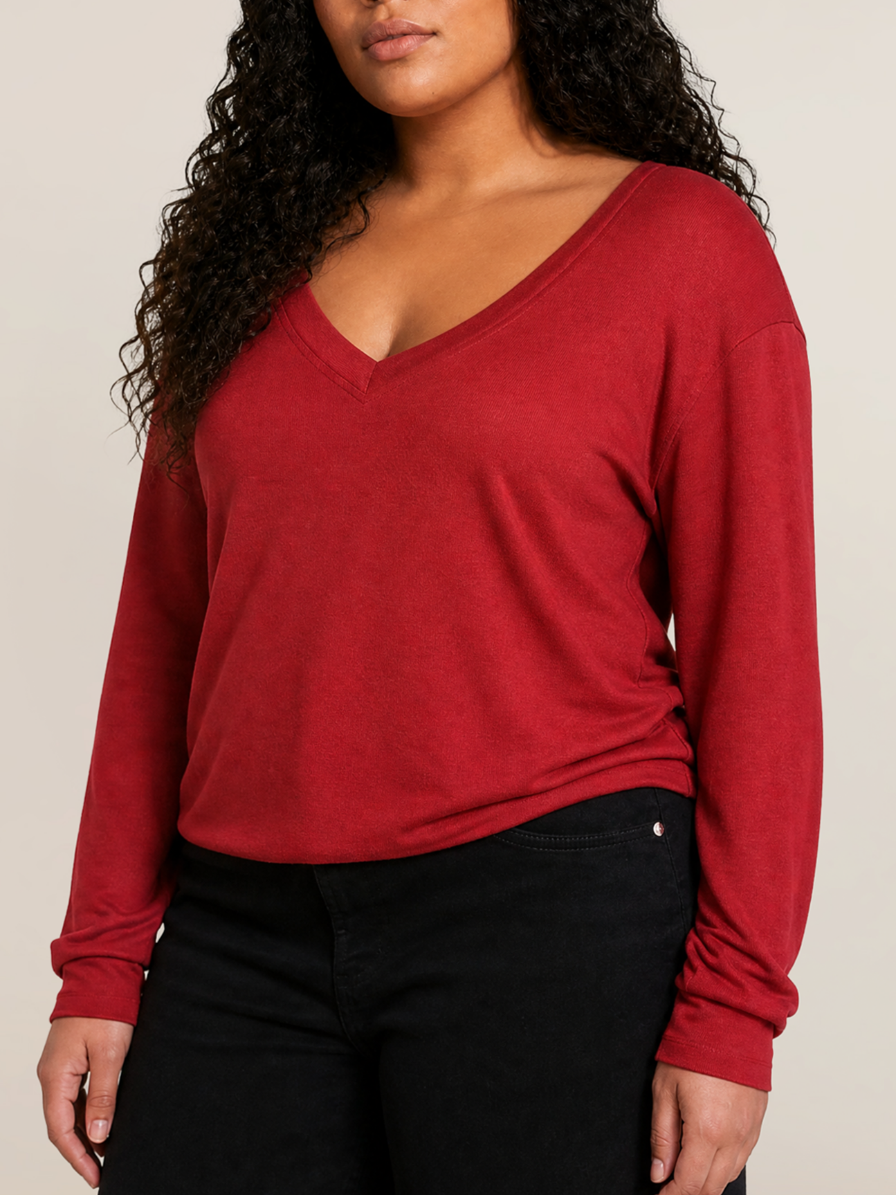 Dex Plus V-Neck Long Sleeve Shirt in Burgundy
