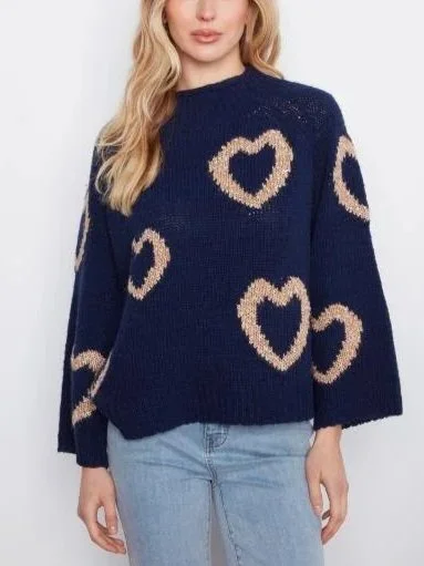 Charlie B High Neck Knit Heart Knit Sweater in Navy