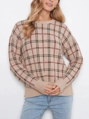 Charlie B Long Sleeve Drop Shoulder Crew Neck Jacquard Sweater with Side Button Detail in Biscotti