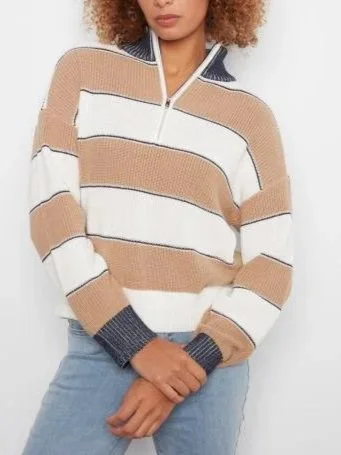 Charlie B Long Sleeve Drop Shoulder Zipped Mock Neck Striped Sweater in Camel