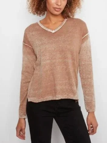 Charlie B Long Sleeve Drop Shoulder V-Neck Sweater in Truffle