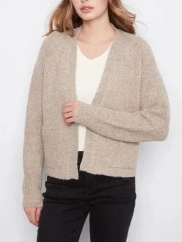 Charlie B Long Sleeve Front Flap Cardigan with Patch Pockets in Heather Light Brown