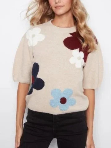 Charlie B Elbow Balloon Sleeve Jacquard Sweater in Multicoloured Flower