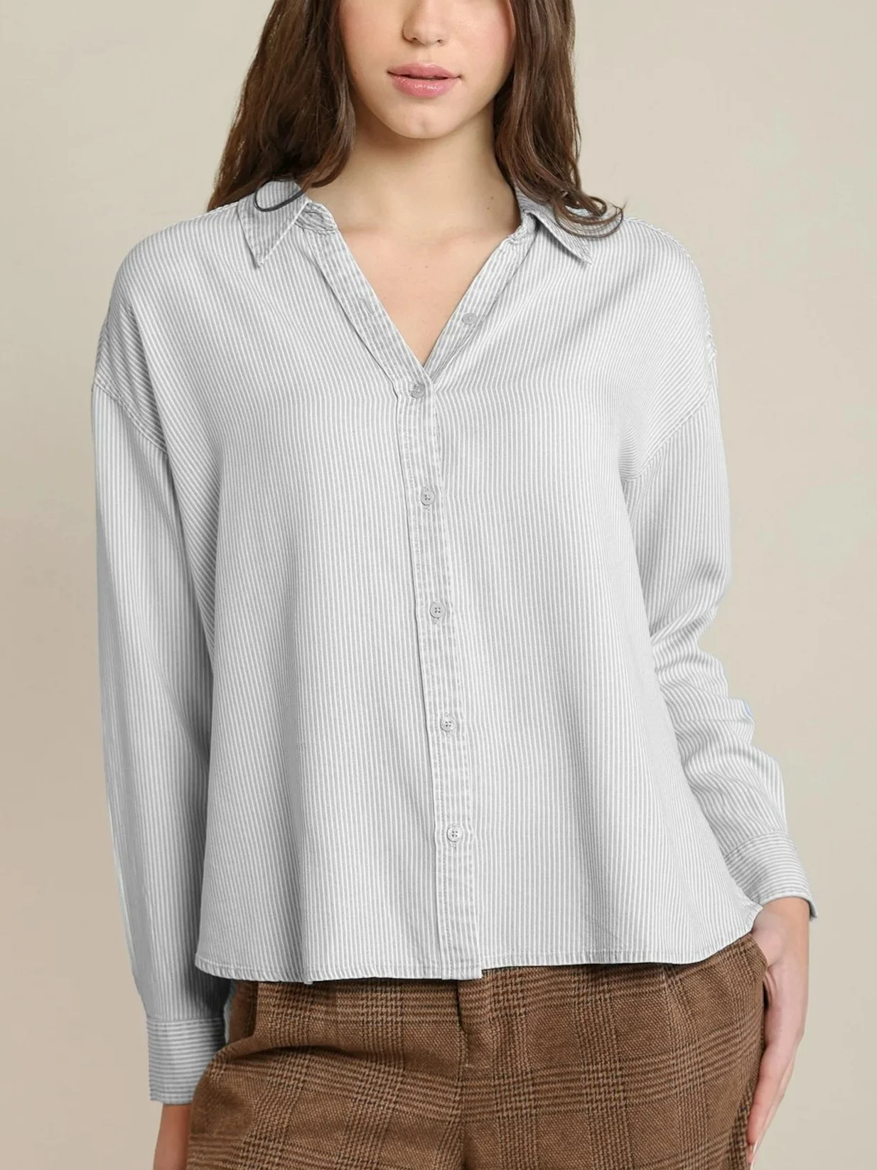 Dex Relaxed Button Front Shirt in Taupe & White Striped