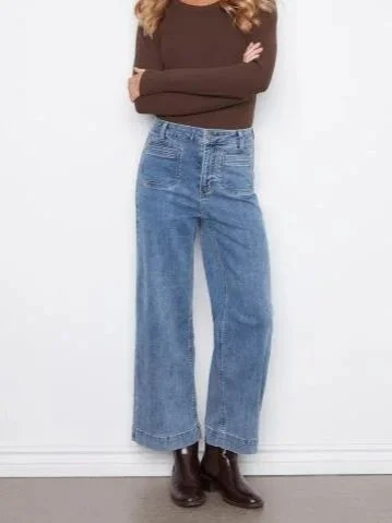 Charlie B Cropped Wide Leg Stretch Denim Pants in Medium Blue