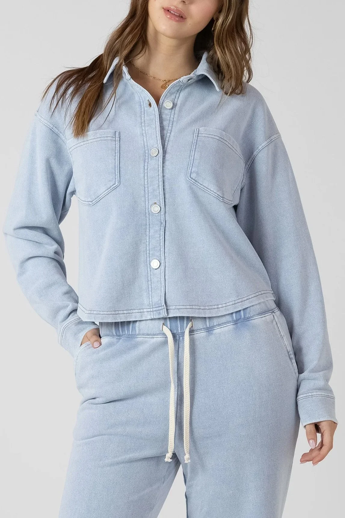 Dex Cropped Washed Light Blue Button Down Top