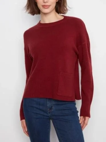 Charlie B Crew Neck Drop Shoulder Cropped Sweater with Pocket in Merlot