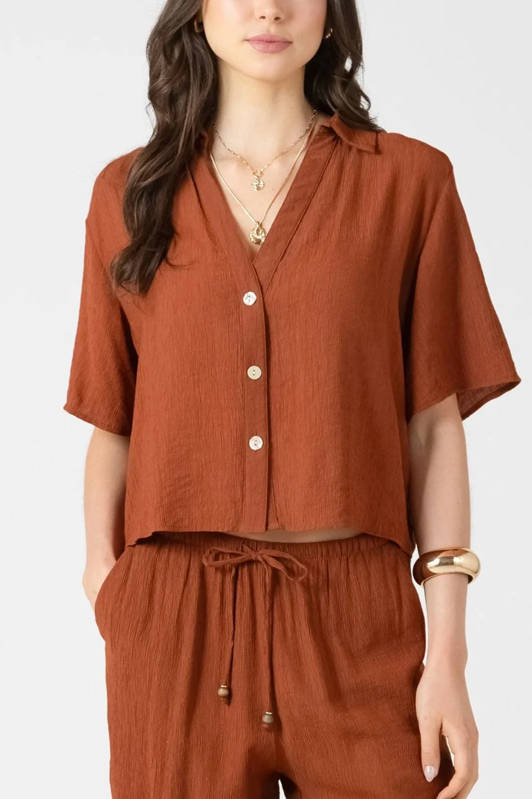Dex Burnt Sienna Short Sleeve Button Down Top