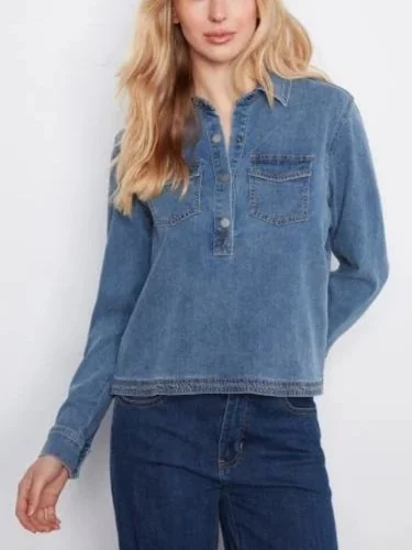 Charlie B Tencel Denim Long Sleeve Half Placket Shirt in Medium Blue