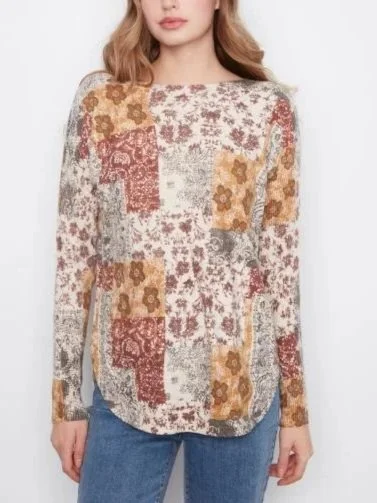 Charlie B Long Sleeve Drop Shoulder Printed Boat Neck ROunded Hem Sweater with Pockets in Quilt