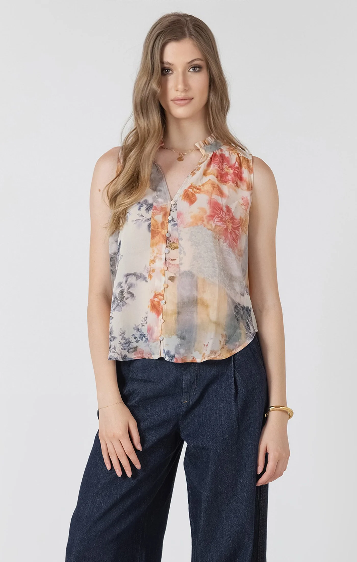 Black Tape Flower Patch Sleeveless Blouse