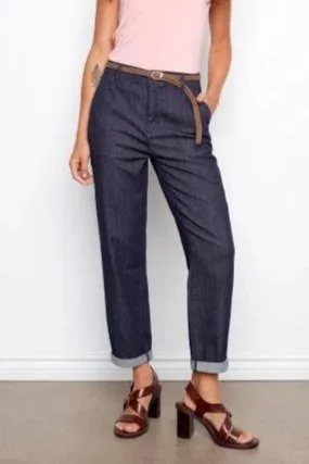 Charlie B Deep Blue Belted Cross Hatch Narrow Leg Denim Pants