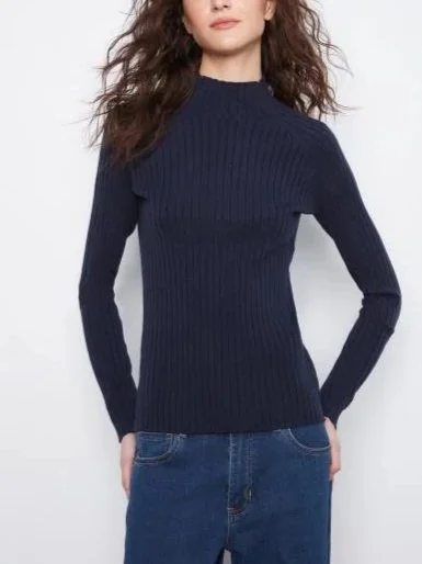 Charlie B Basic Ribbed Knit Mock Neck Long Sleeve Sweater in Navy