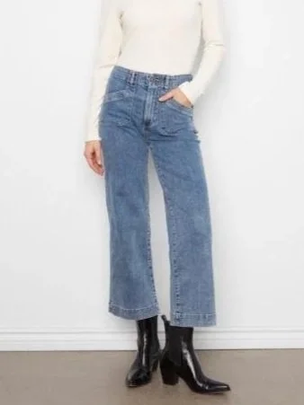 Charlie B Cropped Wide Leg Stretch Denim Pants with Patch Pockets in Medium Blue