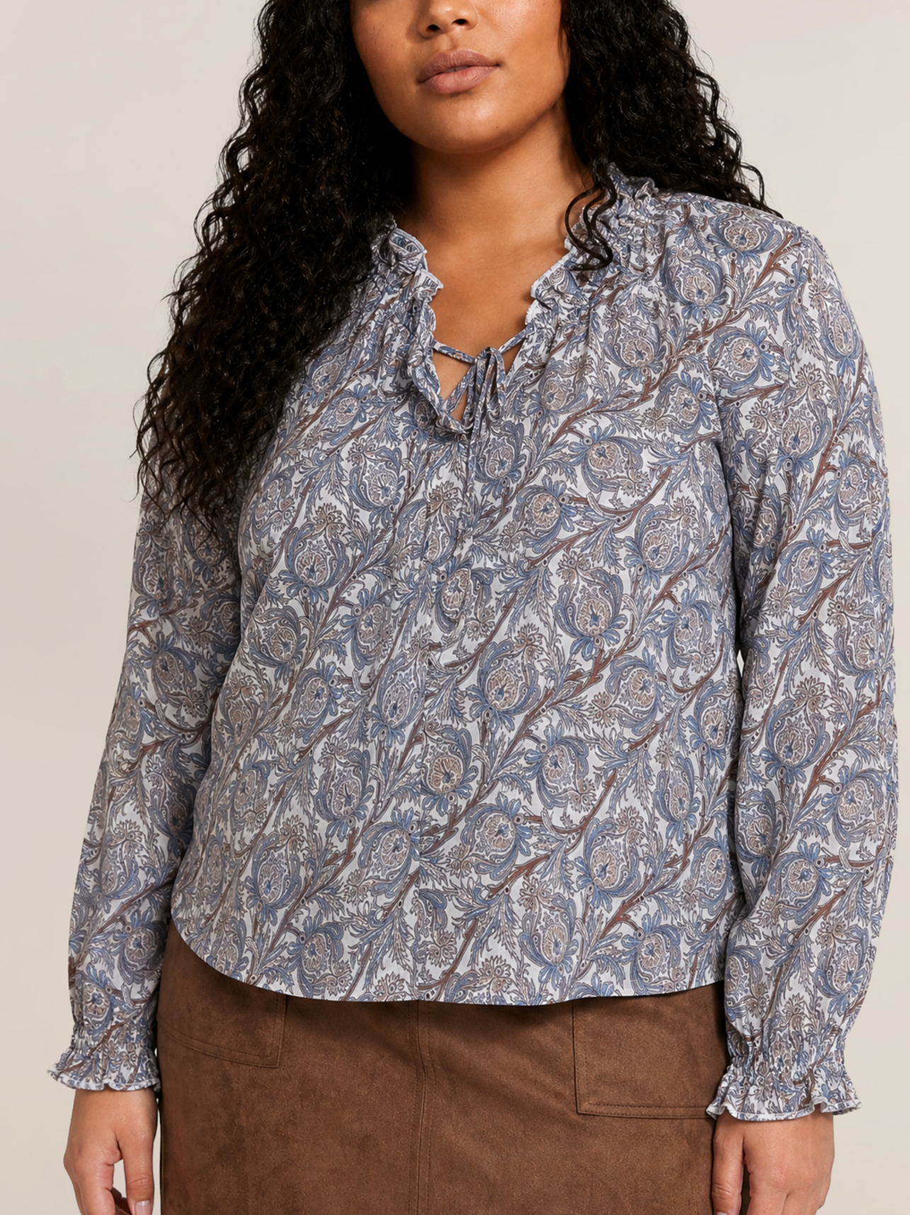 Dex Plus Balloon Sleeve Blouse in Blue & Brown Paisley