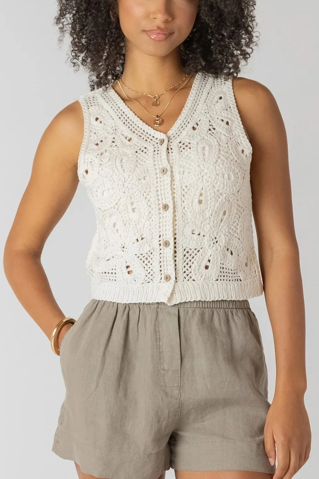 Room 34 Cream Crochet Sleeveless Button Down Vest