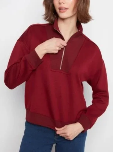 Charlie B Soft Scuba Long Sleeve Half Zip High Collar Sweatshirt in Merlot