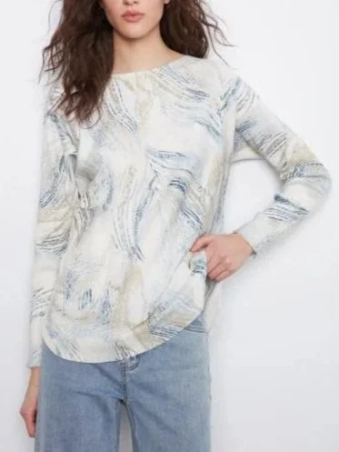 Charlie B Long Sleeve Drop Shoulder Printed Boat Neck ROunded Hem Sweater with Pockets in Whirl