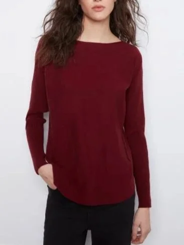 Charlie B Long Sleeve Boat Neck Sweater with Pockets and Back Eyelet Details  in Merlot