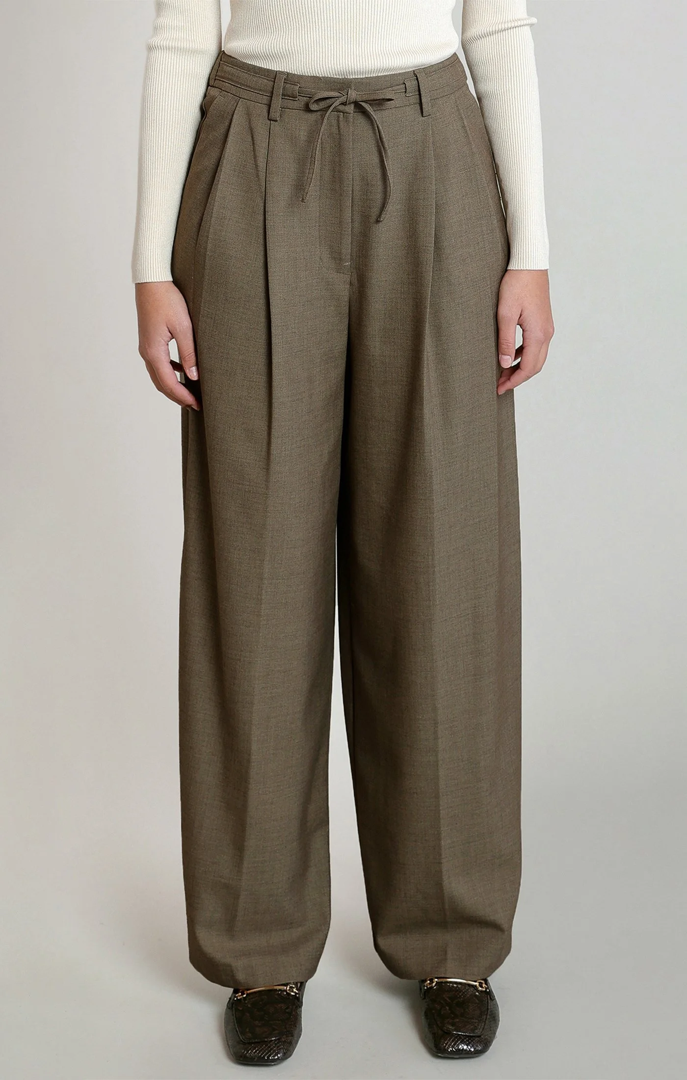 Dex Pleated Drawstring Wide Leg Pant in Dark Taupe
