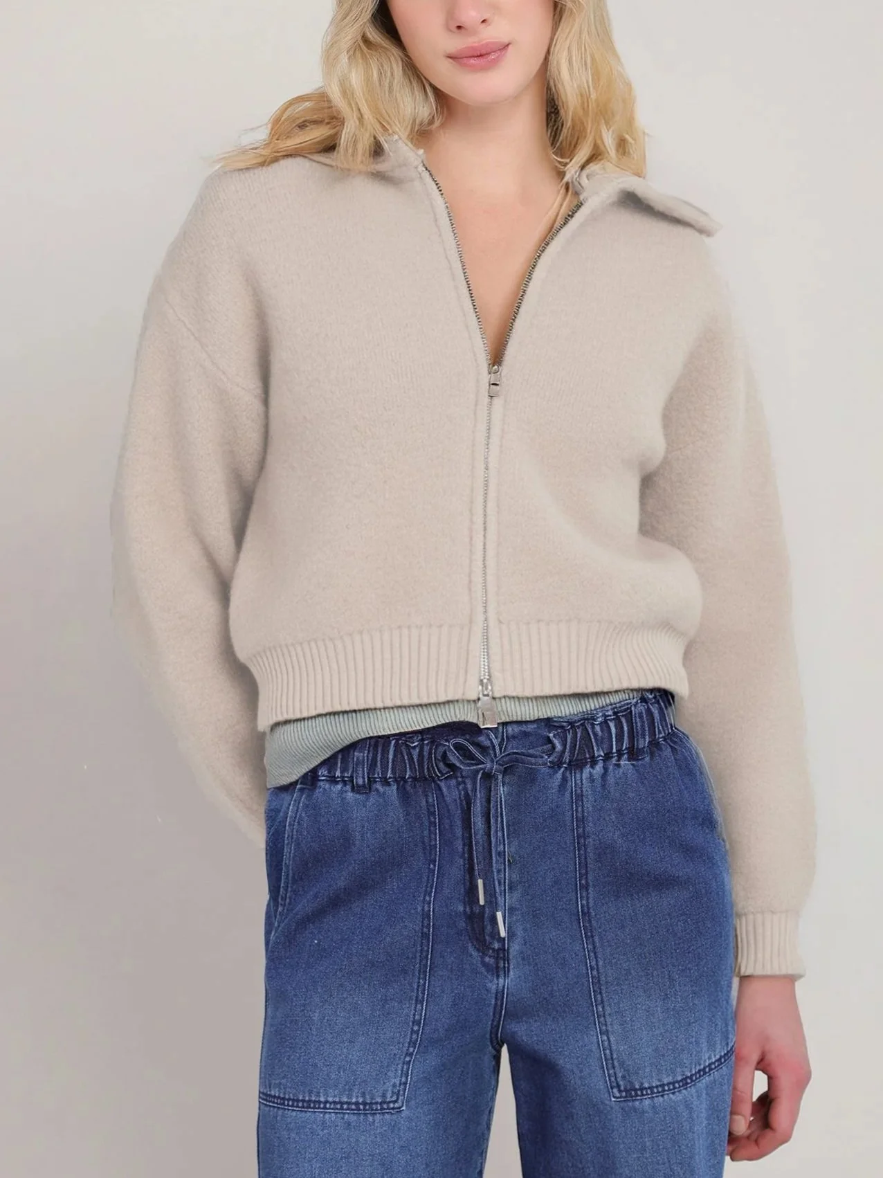 Dex Wide Collared Zip Front Cardigan in Ecru