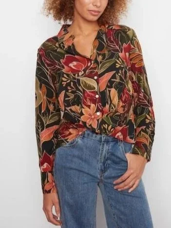 Charlie B Printed Long Sleeve Shirt with Twist Front in Raven