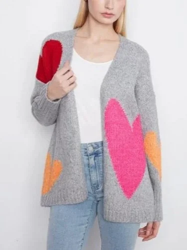Charlie B Heart Print Open Front Cardigan in Heather Grey