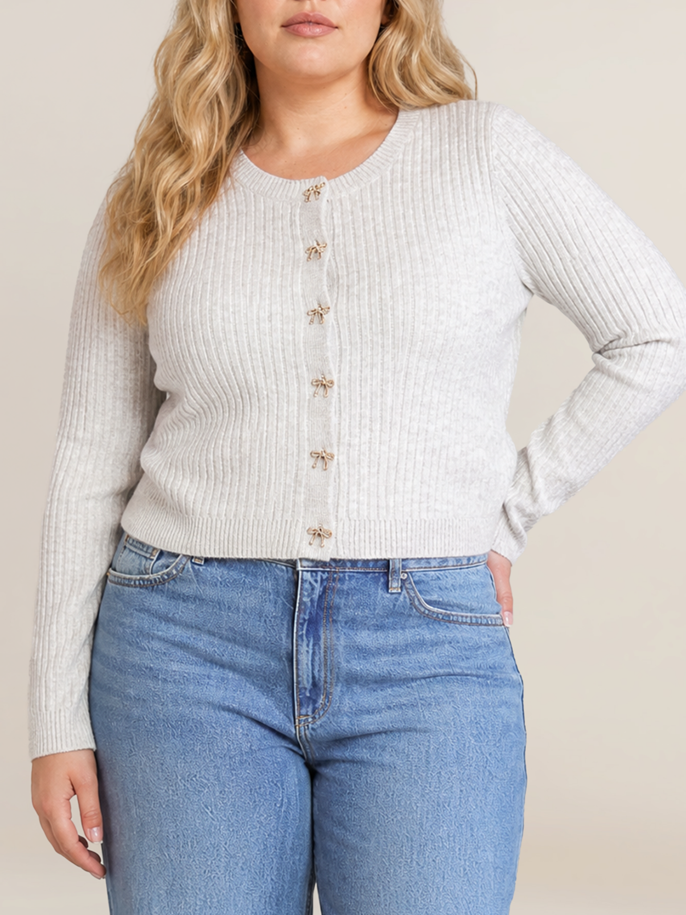 Dex Plus Bow Button Cropped Cardigan in Ivory & Oat Heathe
