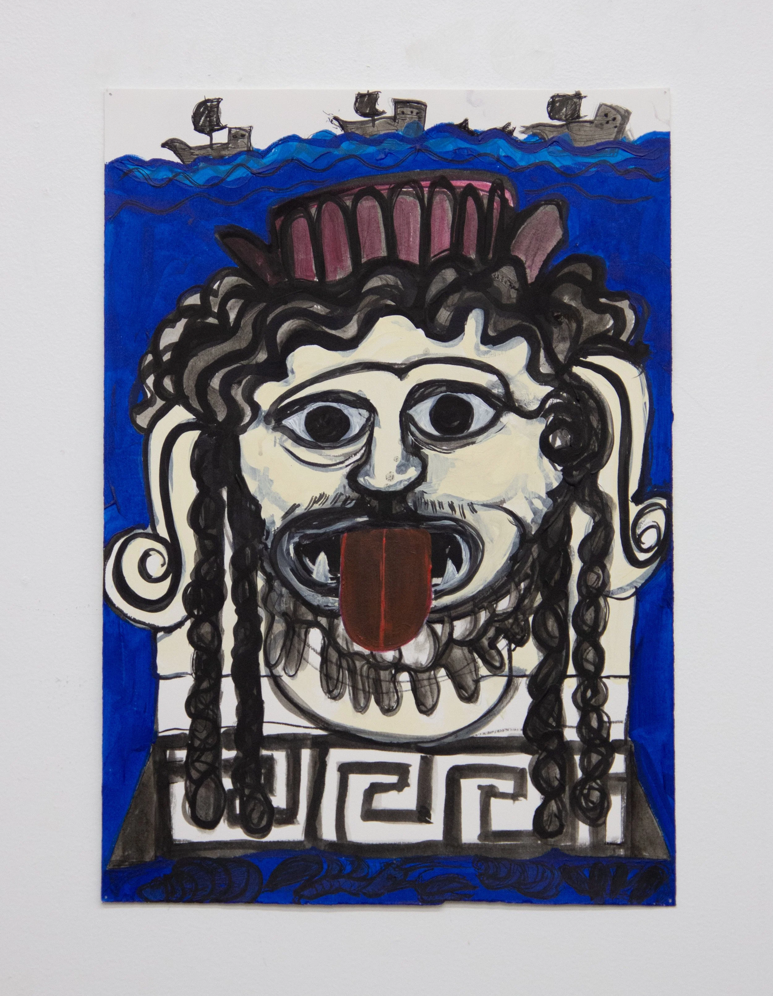 Self Portrait as Gorgon, as Columbus, 2024
Ink and acrylic on paper
19 1/2 x 14 inches