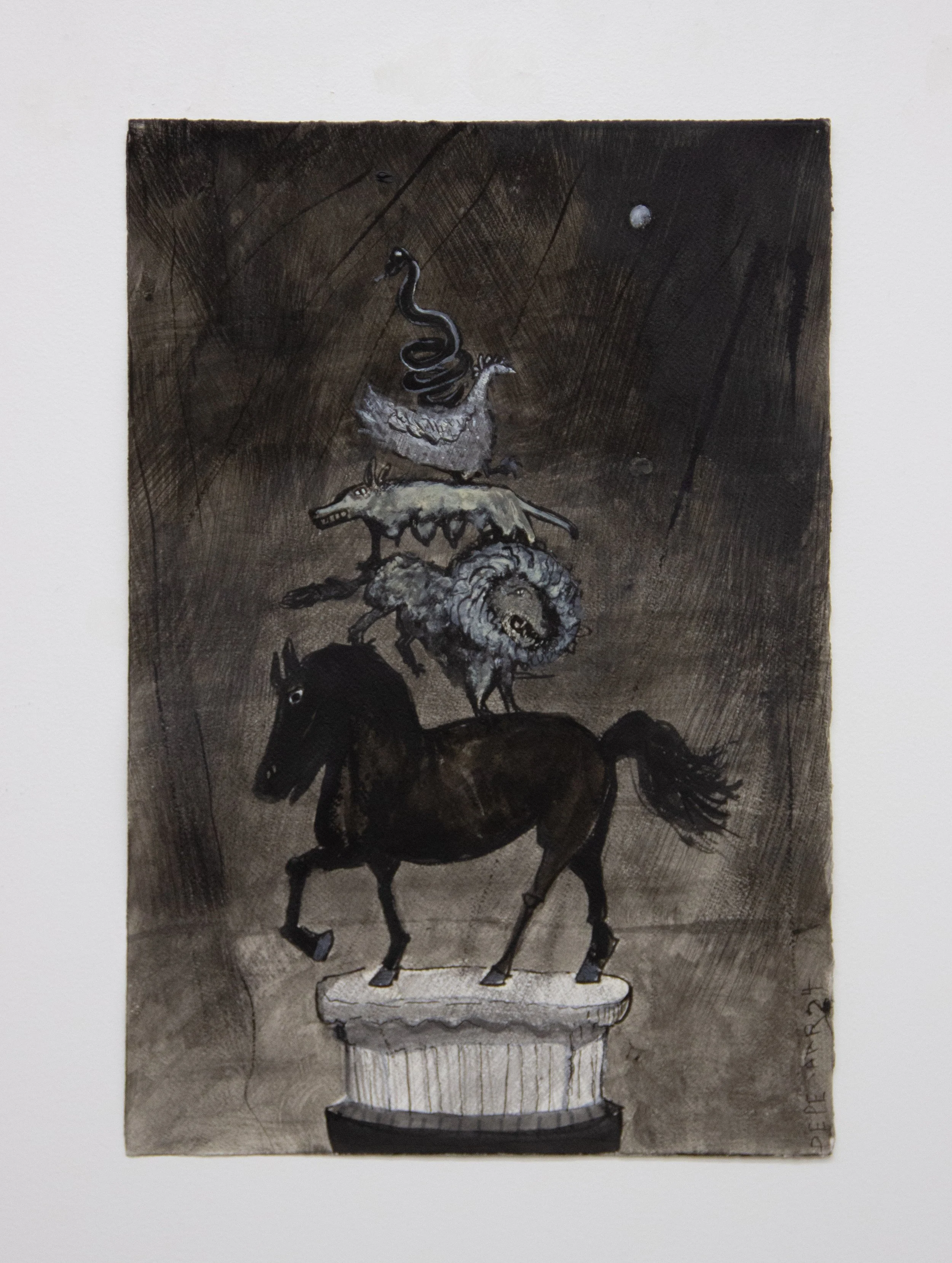 Roman/Etruscan Animals as the Musicians of
Bremen, 2024
Ink and acrylic on paper
22 x 15 inches