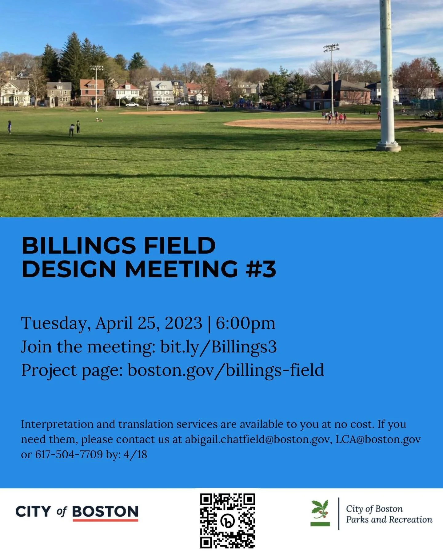 Hey #WestRoxbury - on April 25th, @bostonparksdept is hosting the final community design meeting for Billings Park from 6 to 7:30 p.m. on Zoom where they'll be sharing a design for the park created by your suggestions! To join the virtual meeting and