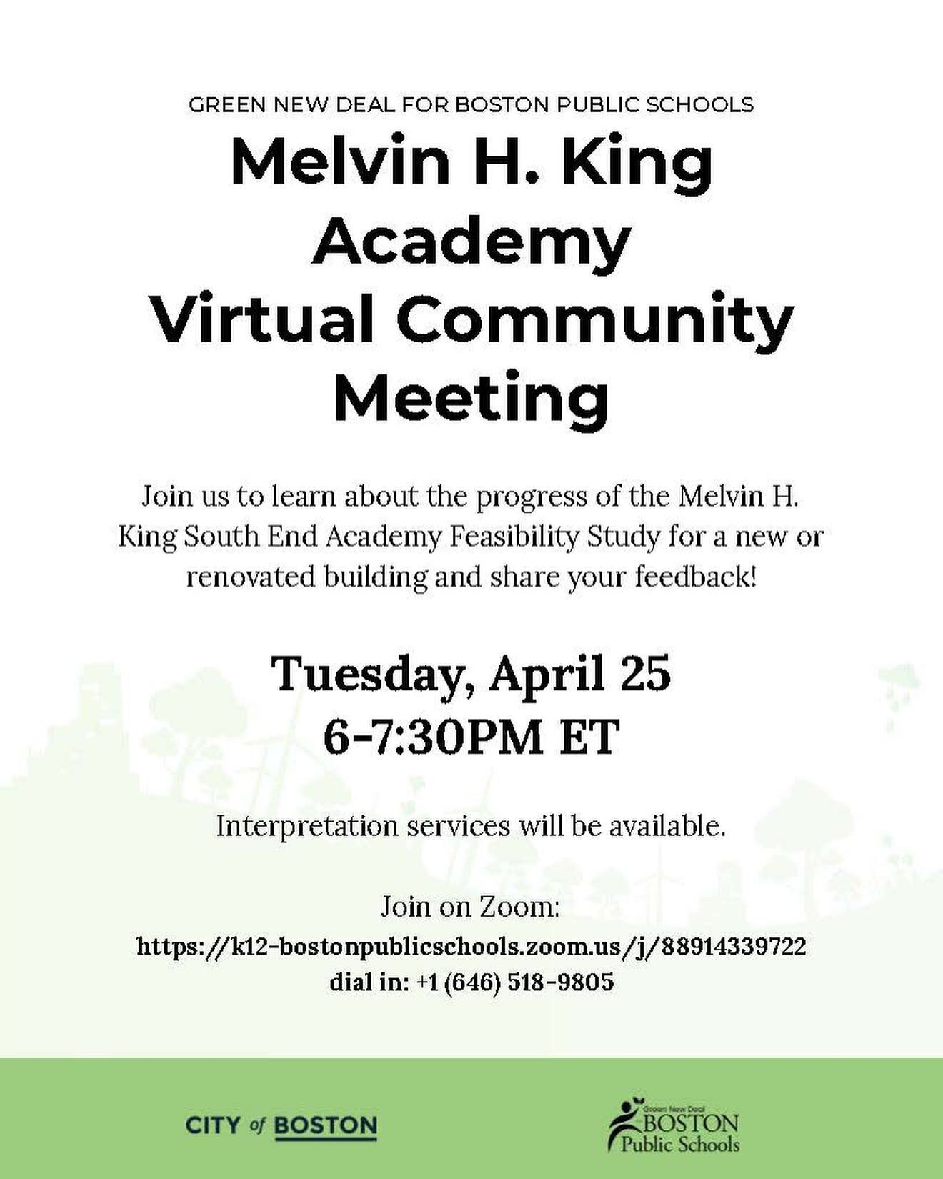 Tomorrow night at 6 p.m., the Melvin H. King South End Academy Team and BPS Capital Planning Team are hosting a virtual meeting for the Melvin H. King Academy (formerly McKinley) design &amp; feasibility study! This will be the first of three communi