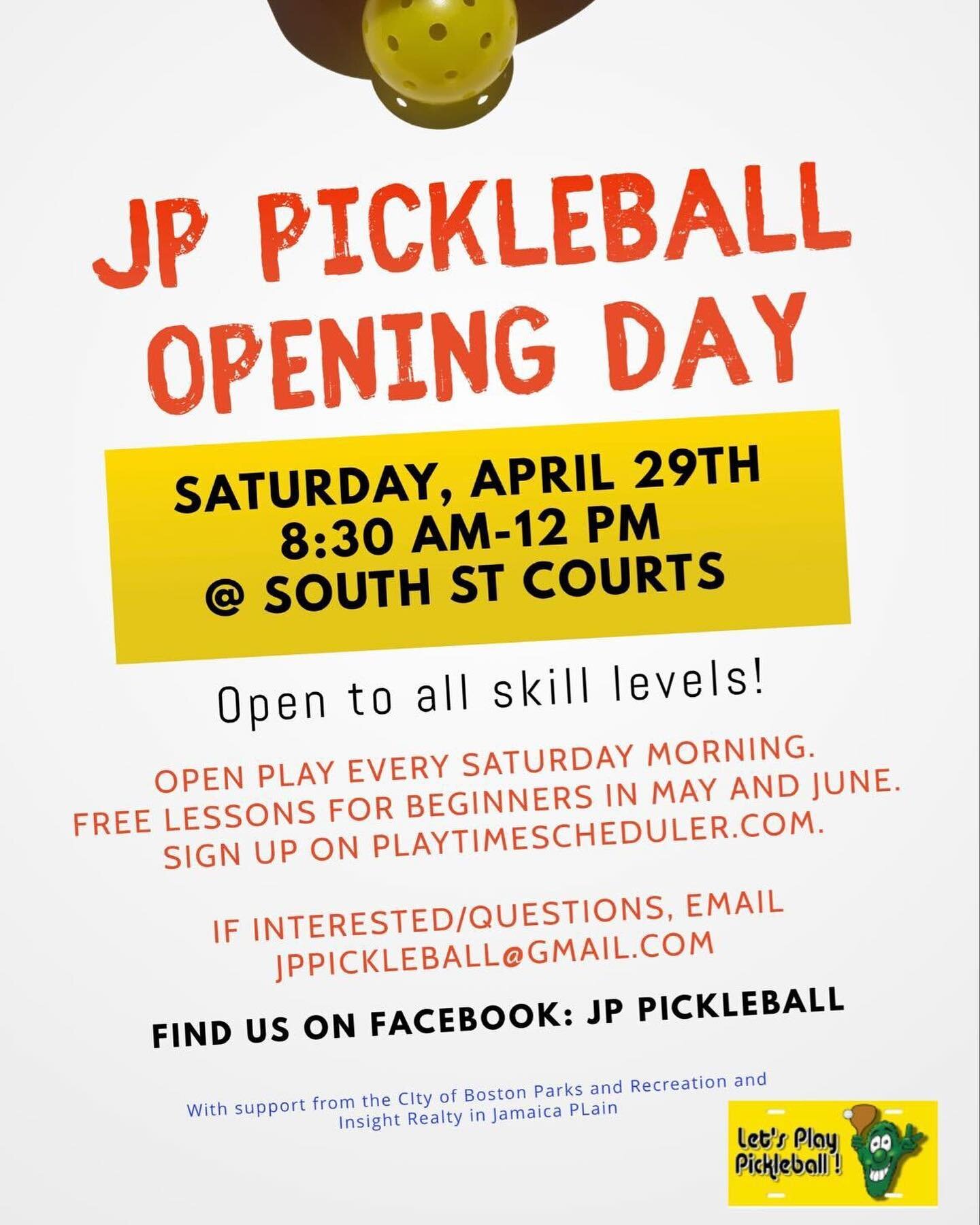 If you&rsquo;ve been wanting to play a friendly game of pickleball with your neighbors then you&rsquo;re in luck - tomorrow is the #JamaicaPlain Pickleball Opening Day at the South Street Courts! 

Open play is every Saturday morning and it&rsquo;s o